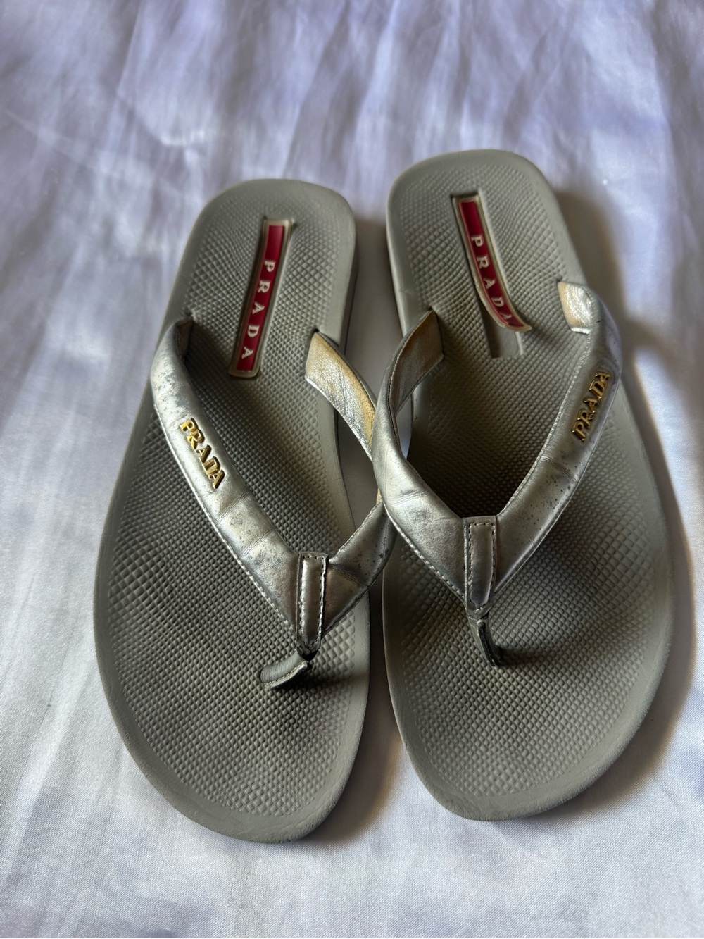 Prada Metallic Silver Logo Thong Sandals